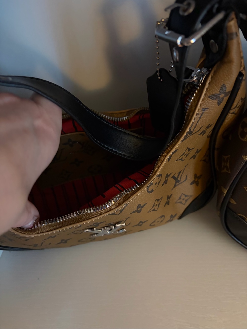 Designer-Inspired Tan Monogram Shoulder Bag with Black Accents